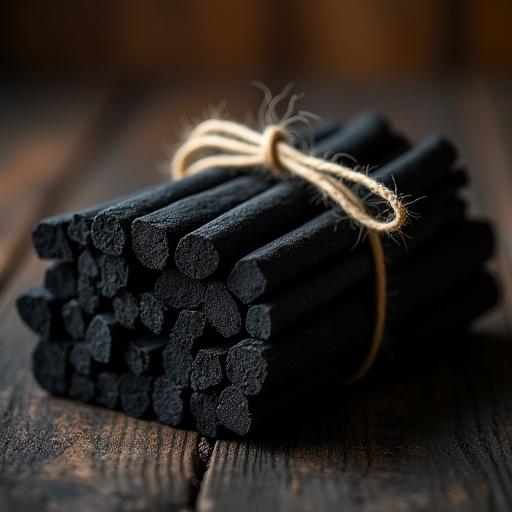 A neat bundle of high-quality, dark Binchōtan charcoal tied with natural twine.