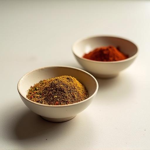 Three minimalist ceramic bowls containing different colored and textured spice blends.