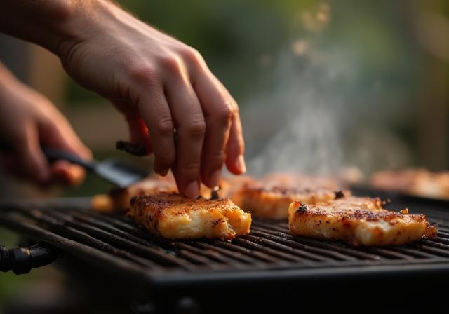 A person's hands carefully placing a piece of food on a grill during an outdoor cooking workshop.